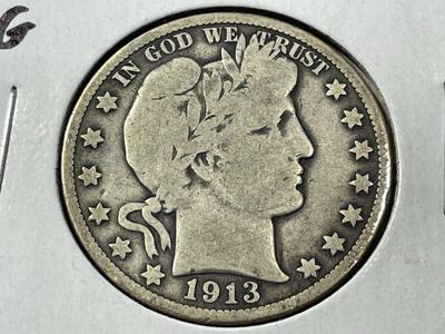 1913-P VG/CIRCULATED CONDITION BARBER SILVER HALF DOLLAR AS PICTURED. FREE DOMESTIC SHIPPING.