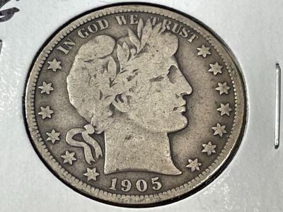1905-P VG/CIRCULATED CONDITION BARBER SILVER HALF DOLLAR AS PICTURED. FREE DOMESTIC SHIPPING.