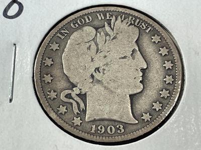 1903-O CIRCULATED CONDITION BARBER SILVER HALF DOLLAR AS PICTURED. FREE DOMESTIC SHIPPING.