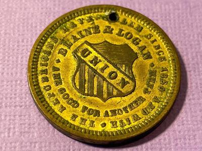 Scarce 1884 James Blaine & John Logan Quarter-sized Campaign Token as Pictured.