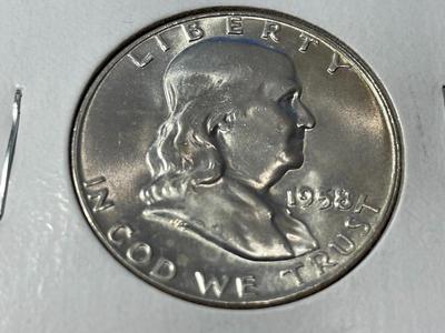 1958-D CHOICE BU FULL BELL LINES FRANKLIN SILVER HALF DOLLAR AS PICTURED.