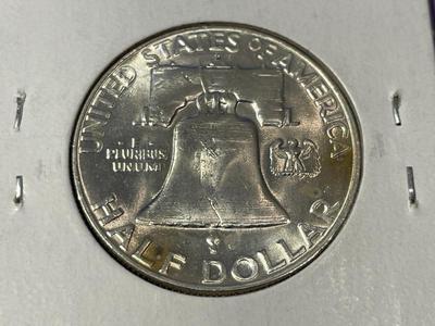 1958-D CHOICE BU FULL BELL LINES FRANKLIN SILVER HALF DOLLAR AS PICTURED.