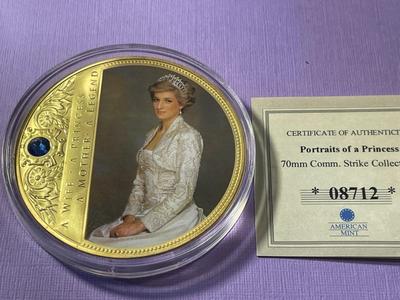 American Mint Huge 70mm Portraits of a Princess Diana - A Princess Medal Accented w/a Swarovski Crystal in Excellent Condition as...