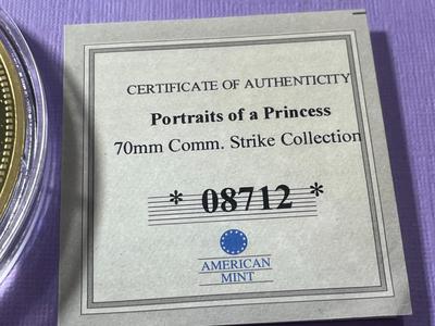 American Mint Huge 70mm Portraits of a Princess Diana - A Princess Medal Accented w/a Swarovski Crystal in Excellent Condition as...