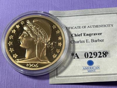 CHARLES E. BARBER/CHIEF ENGRAVER PROOF GOLD-TONE MEDAL BY THE AMERICAN MINT AS PICTURED.