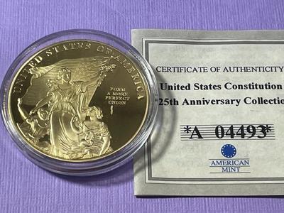 UNITED STATES CONSTITUTION 225TH ANNIVERSARY PROOF GOLD-TONE MEDAL BY THE AMERICAN MINT AS PICTURED.
