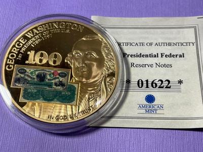 WASHINGTON PRESIDENTIAL FEDERAL RESERVE NOTES PROOF GOLD-TONE MEDAL BY THE AMERICAN MINT AS PICTURED.