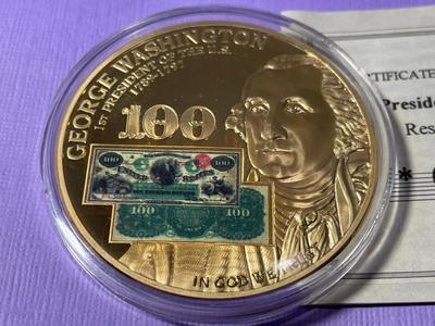 WASHINGTON PRESIDENTIAL FEDERAL RESERVE NOTES PROOF GOLD-TONE MEDAL BY THE AMERICAN MINT AS PICTURED.