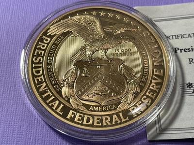 WOODROW WILSON PRESIDENTIAL FEDERAL RESERVE NOTES PROOF GOLD-TONE MEDAL BY THE AMERICAN MINT AS PICTURED.
