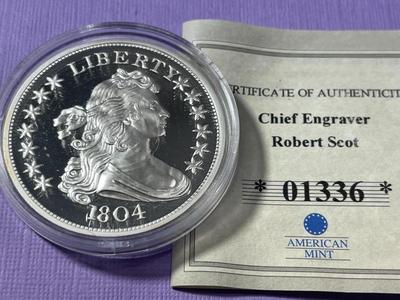 Chief Engraver ROBERT SCOT 1804 Bust Silver Dollar Replica Silver Plated/Layered by the American Mint as Pictured.