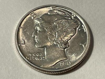 1943-P BRILLIANT UNCIRCULATED CONDITION MERCURY SILVER DIME AS PICTURED. COIN #3.