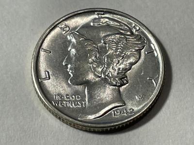 1942-S BRILLIANT UNCIRCULATED FULL BANDS CONDITION MERCURY SILVER DIME AS PICTURED. COIN #5.