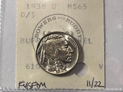 BOWERS & RUDDY PEDIGREE 1938-D/S BRILLIANT UNCIRCULATED CONDITION BUFFALO NICKEL AS PICTURED. COIN #6.