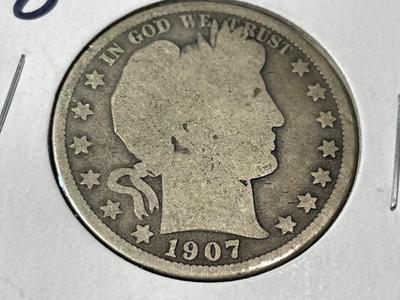 1907-D` CIRCULATED CONDITION BARBER SILVER HALF DOLLAR AS PICTURED. FREE DOMESTIC SHIPPING.