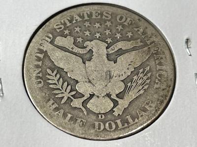 1907-D` CIRCULATED CONDITION BARBER SILVER HALF DOLLAR AS PICTURED. FREE DOMESTIC SHIPPING.