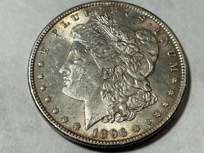 1896-P AU58 CONDITION (UNCERTIFIED) MORGAN SILVER DOLLAR AS PICTURED.