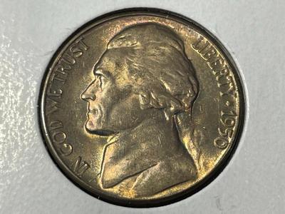 (6) 1950-D COLORFULL LIGHTLY TONED BU SEMI-KEY DATE JEFFERSON NICKELS AS PICTURED. FREE DOMESTIC SHIPPING.