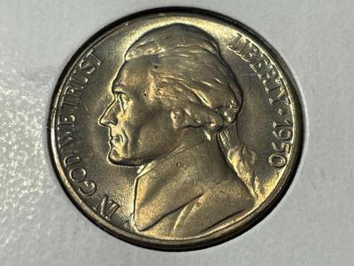 (6) 1950-D COLORFULL LIGHTLY TONED BU SEMI-KEY DATE JEFFERSON NICKELS AS PICTURED. FREE DOMESTIC SHIPPING.