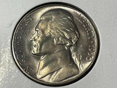 (6) 1950-D COLORFULL LIGHTLY TONED BU SEMI-KEY DATE JEFFERSON NICKELS AS PICTURED. FREE DOMESTIC SHIPPING.