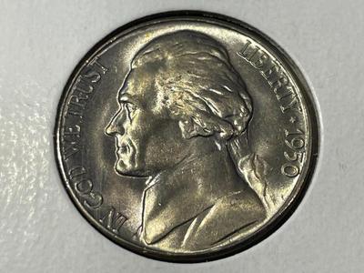 (6) 1950-D COLORFULL LIGHTLY TONED BU SEMI-KEY DATE JEFFERSON NICKELS AS PICTURED. FREE DOMESTIC SHIPPING.
