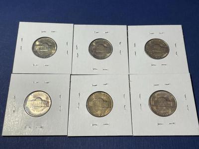 (6) 1950-D COLORFULL LIGHTLY TONED BU SEMI-KEY DATE JEFFERSON NICKELS AS PICTURED. FREE DOMESTIC SHIPPING.