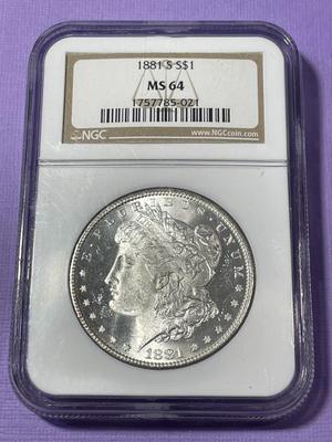 NGC CERTIFIED 1881-S MS64 BLAST WHITE MORGAN SILVER DOLLAR AS PICTURED. FREE SHIPPING.