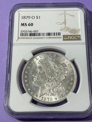 NGC CERTIFIED 1879-O MS60 WHITE MORGAN SILVER DOLLAR AS PICTURED. FREE SHIPPING.