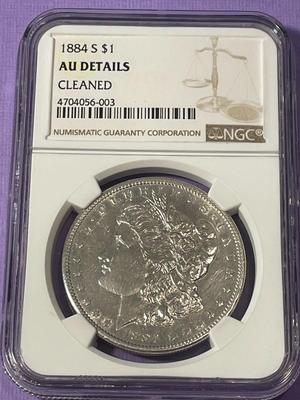 NGC CERTIFIED 1884-S AU DETAILS CLEANED MORGAN SILVER DOLLAR AS PICTURED. FREE SHIPPING.