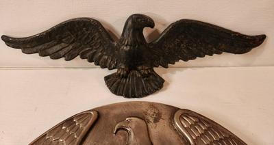Lot #110 MCM Public/Court Building Metal Eagle plaque & Black Cast Metal Bald Eagle