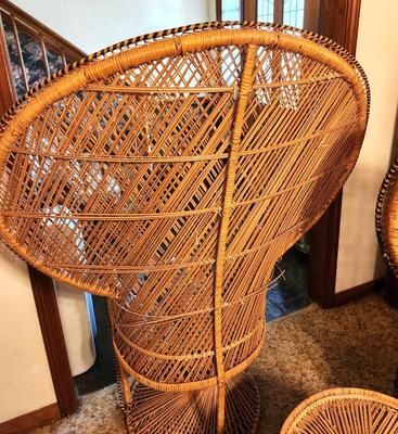 Lot #114 Lot of 2 Vintage Peacock Chairs w/small table - BOHO
