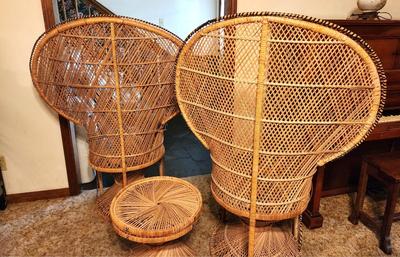 Lot #114 Lot of 2 Vintage Peacock Chairs w/small table - BOHO