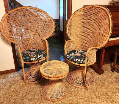 Lot #114 Lot of 2 Vintage Peacock Chairs w/small table - BOHO