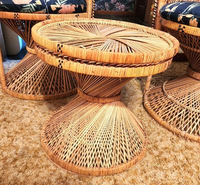 Lot #114 Lot of 2 Vintage Peacock Chairs w/small table - BOHO