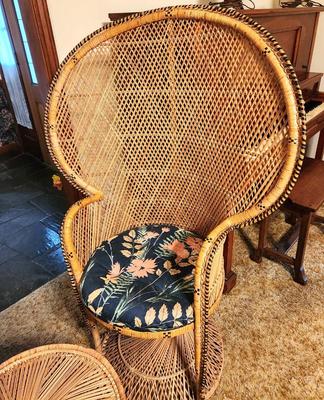 Lot #114 Lot of 2 Vintage Peacock Chairs w/small table - BOHO