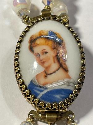 Vintage Triple Strand Pearlescence Crystal Bead Necklace 23.5" w/Florenza Limoges Hand Painted Portrait Cameo Clasp in VG Preowned...