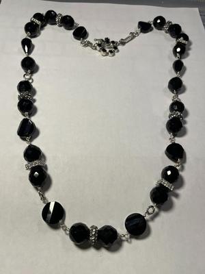 Vintage Black Crystal Bead Silver-toned Color Necklace 25" Long in VG Preowned Condition as Pic'd.