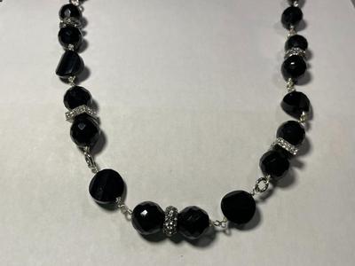 Vintage Black Crystal Bead Silver-toned Color Necklace 25" Long in VG Preowned Condition as Pic'd.