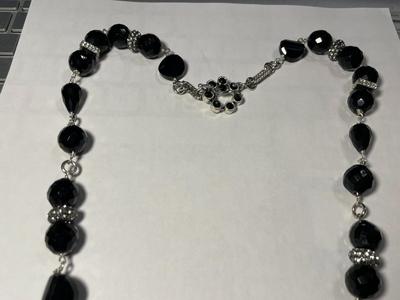 Vintage Black Crystal Bead Silver-toned Color Necklace 25" Long in VG Preowned Condition as Pic'd.