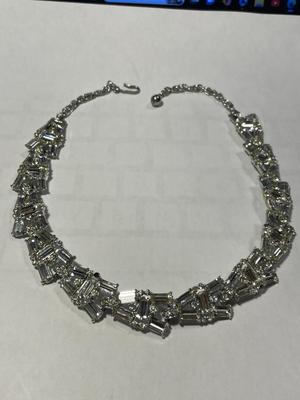 Vintage Bright White Crystal Silver-toned Color Necklace 14-15" Long & 1/2" Wide in VG Preowned Condition as Pic'd.