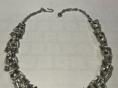 Vintage Bright White Crystal Silver-toned Color Necklace 14-15" Long & 1/2" Wide in VG Preowned Condition as Pic'd.