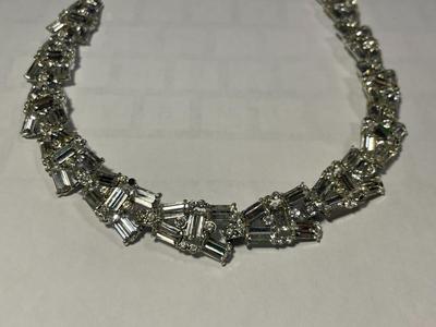 Vintage Bright White Crystal Silver-toned Color Necklace 14-15" Long & 1/2" Wide in VG Preowned Condition as Pic'd.
