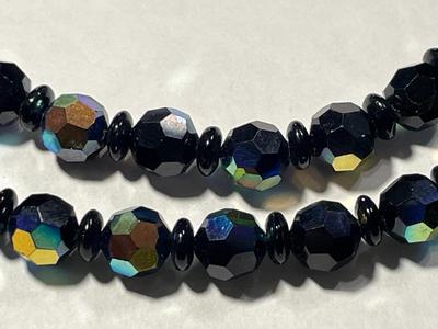 Vintage Double Strand Black Crystal Bead Necklace 24" Long w/Cameo Clasp in VG Preowned Condition as Pic'd.