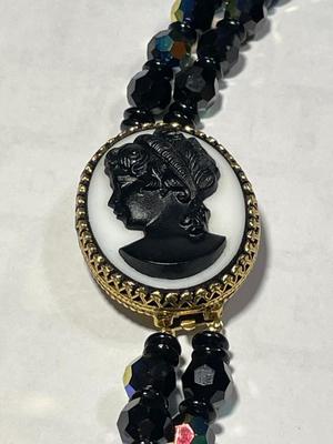 Vintage Double Strand Black Crystal Bead Necklace 24" Long w/Cameo Clasp in VG Preowned Condition as Pic'd.