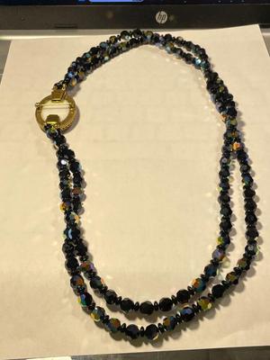 Vintage Double Strand Black Crystal Bead Necklace 24" Long w/Cameo Clasp in VG Preowned Condition as Pic'd.
