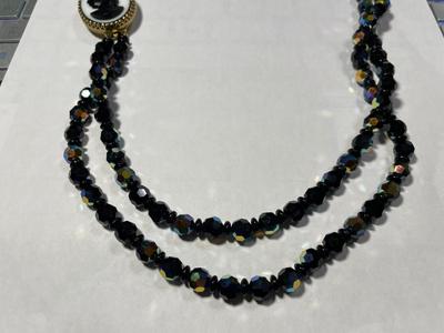 Vintage Double Strand Black Crystal Bead Necklace 24" Long w/Cameo Clasp in VG Preowned Condition as Pic'd.