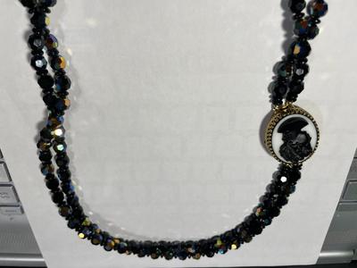 Vintage Double Strand Black Crystal Bead Necklace 24" Long w/Cameo Clasp in VG Preowned Condition as Pic'd.