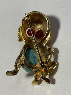 Vintage Jewelry Gorgeous Turquoise Jelly Belly Poodle Dog Pin/Brooch with Ruby/Garnet Eyes believed to be Trifari 1.75" Tall.