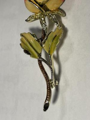 Vintage BSK Designer Fashion Enameled Rose Pin/Brooch 3" Tall in Very Good Preowned Condition.