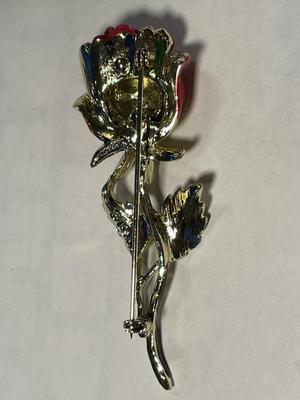 Vintage BSK Designer Fashion Enameled Rose Pin/Brooch 3" Tall in Very Good Preowned Condition.