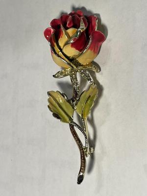 Vintage BSK Designer Fashion Enameled Rose Pin/Brooch 3" Tall in Very Good Preowned Condition.